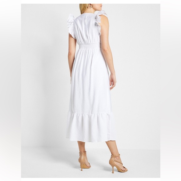 Express Flutter Sleeve Tie Front Midi Poplin Dress - Picture 2 of 5